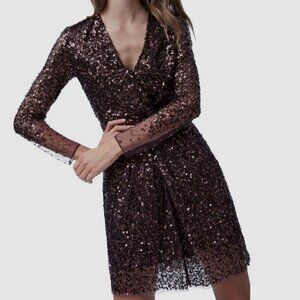 French Connection Emille Sparkle Sequin Sheath Dress | Brown Long Sleeve Party